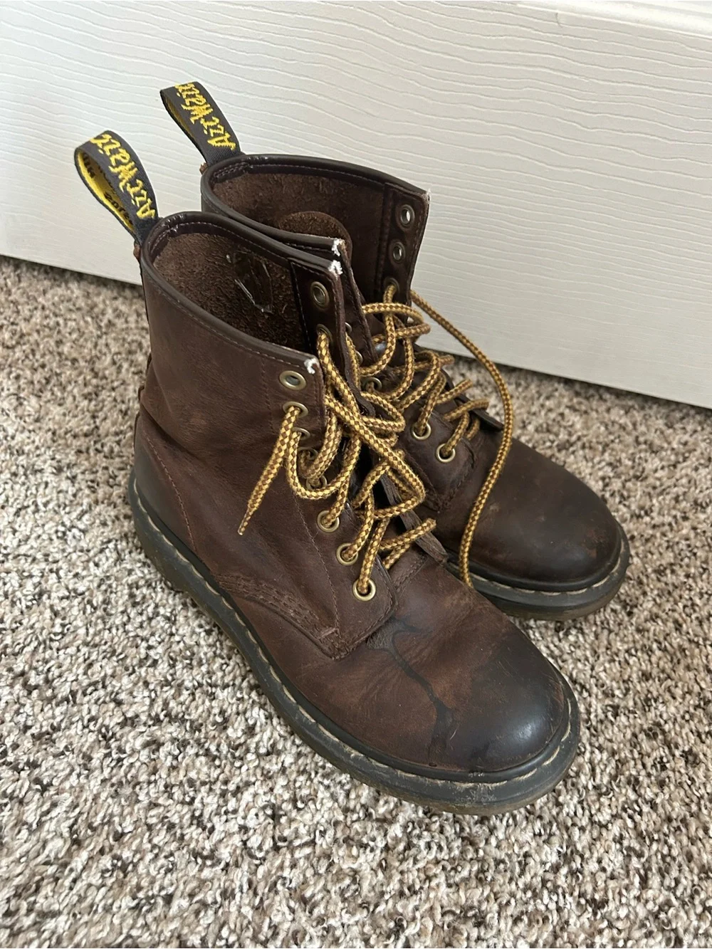 Dr. Martens Brown Leather Lace-Up Boots with Yellow Accents